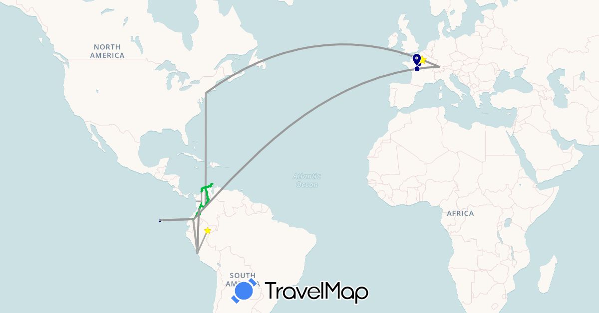 TravelMap itinerary: driving, bus, plane, hiking, boat, avion in Switzerland, Colombia, Ecuador, France, Peru, United States (Europe, North America, South America)